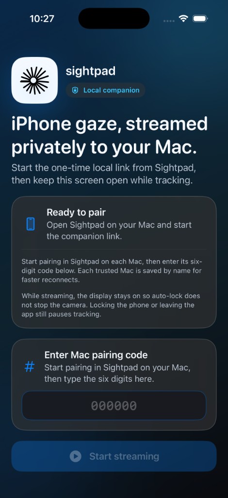 Sightpad companion on iPhone: pairing instructions, six-digit Mac code field, and Start streaming.